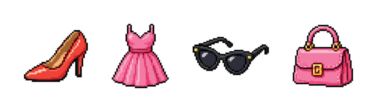 Pixel art fashion icons: red high heel, pink purse, dress, and sunglasses