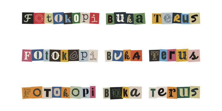 Fotokopi Buka Terus ransom note style typography, cut out letters collage design, creative text graphic for print