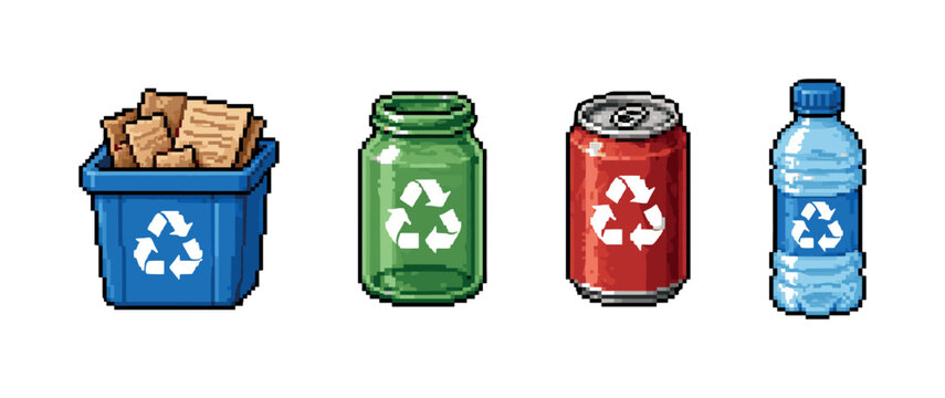 Pixel art icons of recycling bin, plastic bottle, glass jar, and aluminum can