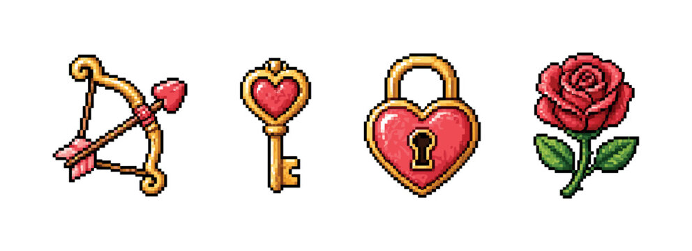 Pixel art icons of love symbols: cupid's bow, heart lock, key, and rose