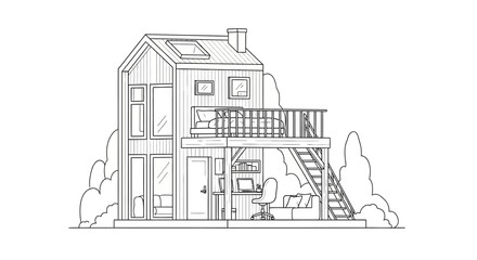 Obraz premium Modern Tiny House Line Art Illustration - Minimalist Small Cabin with Loft and Home Office - Coloring Page Style Architecture Sketch