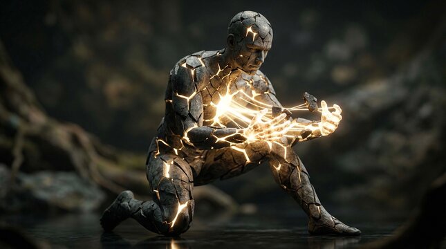 broken human figure rebuilding itself with light representing healing process 