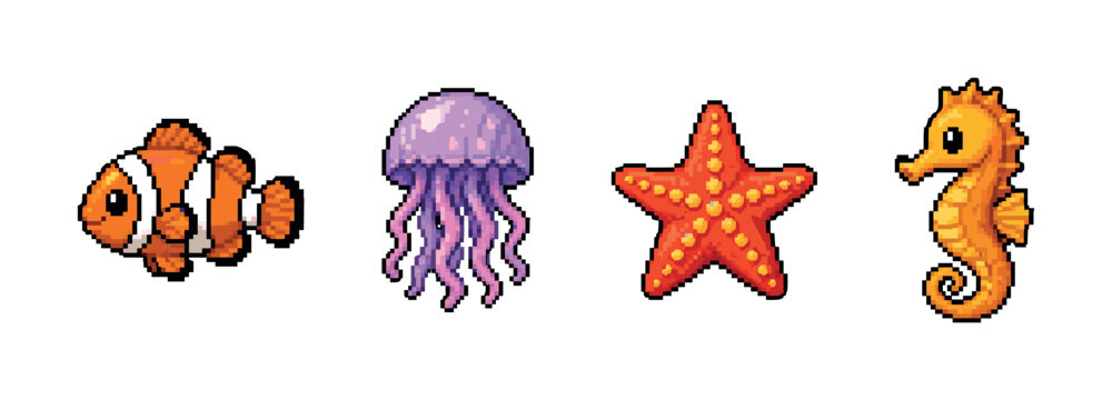 Colorful pixel art sea creatures including fish, seahorse, jellyfish, and starfish