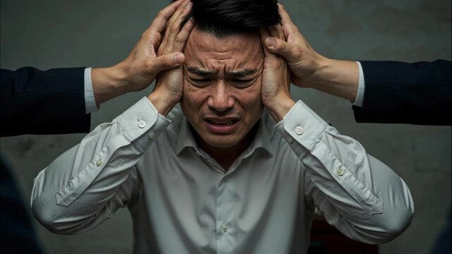 Pressure and Despair: A man is experiencing intense stress and feeling overwhelmed with two pairs of hands pressing against his head, evoking a sense of suffocation and anguish.