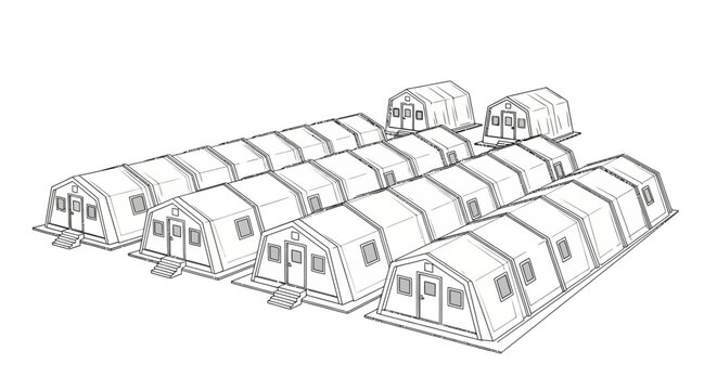 Line Art Illustration of Modular Field Tents and Military Barracks for Disaster Relief and Emergency Housing