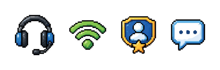 Fototapeta premium Pixel art icons for gaming and communication: headset, chat, Wi-Fi, and profile