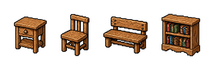 Isometric pixel art wooden furniture set with chair, bench, table, and bookshelf © UnIcons