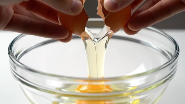 Hands cracking a fresh brown egg into a clear glass bowl
