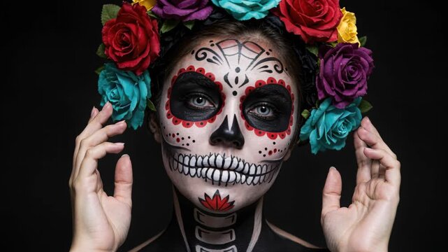 Dia de Muertos Beauty: A stunning portrayal of a woman adorned in traditional Day of the Dead makeup and flower crown, embodying the spirit of celebration and remembrance. Capturing cultural beauty