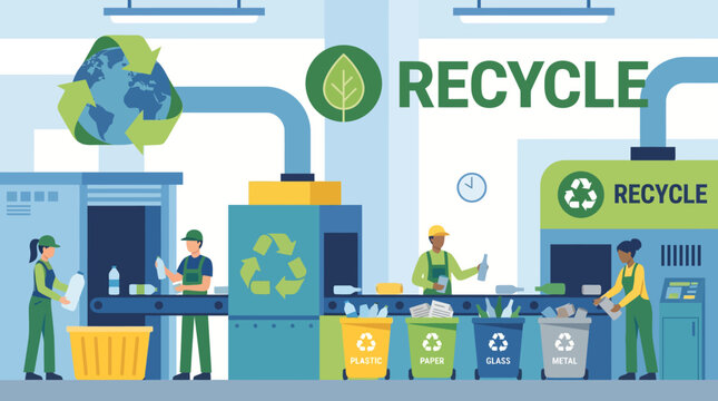Recycling facility with workers sorting waste.
