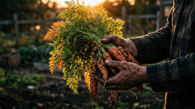 Golden hour sunlight bathes a farmer's dirt-covered hands, proudly presenting a bountiful harvest of freshly picked, vibrant orange carrots from the garden