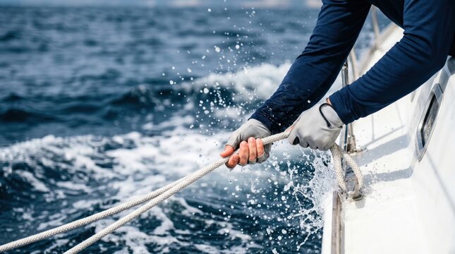 Close up of a male sailor hands wearing sailing gloves pulling a rope on a yacht deck during a windy ocean voyage