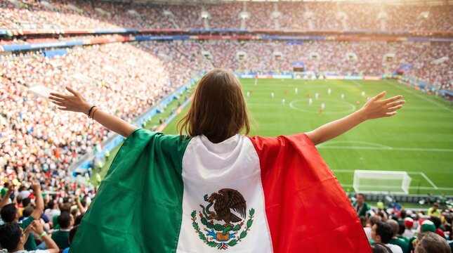 Mexican fan with flag cheers on team during a soccer match in a stadium
