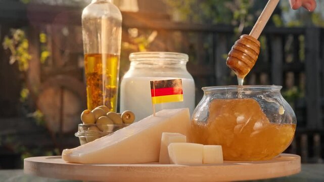 Cheese, honey, and dairy products from a traditional German farm are arranged in gentle daylight, creating a cozy and welcoming mood.