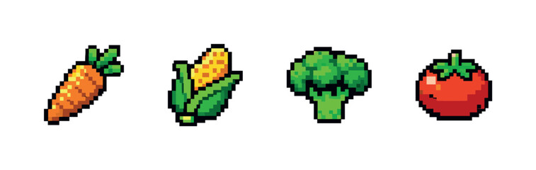 Fototapeta premium Pixel art collection of four healthy vegetables on a white background