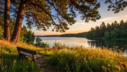 Fototapeta premium Peaceful lake scene with wooden bench.