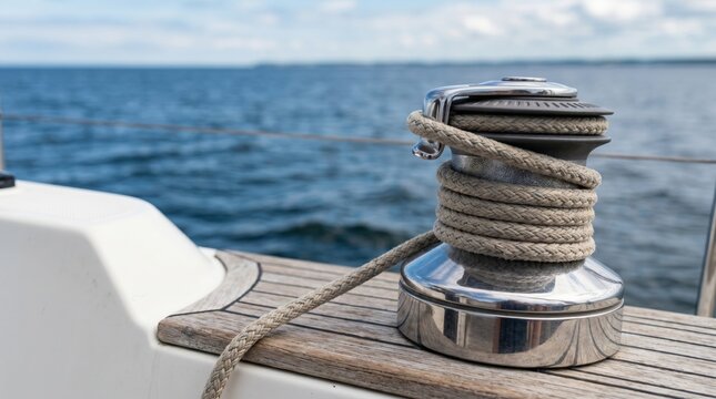 Close up of a stainless steel sailboat winch with rope on a teak deck during a sunny day sailing trip on the ocean