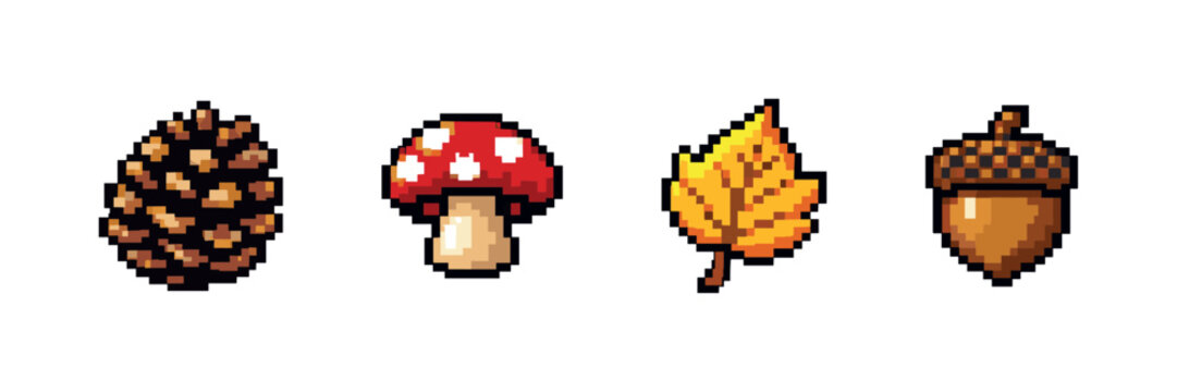 Pixel art collection of autumn forest elements: mushroom, acorn, pinecone, and leaf