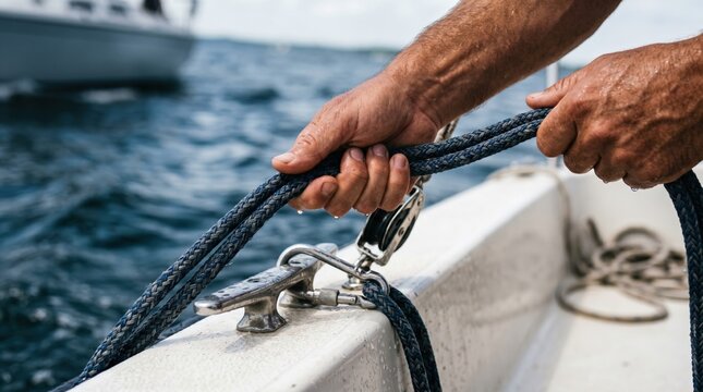Close up of a Caucasian man hands pulling a blue rope on a sailboat deck cleat during a sunny day sailing trip