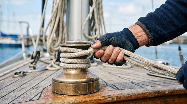 Close up of a sailor hand in glove operating a sailboat winch on a wooden deck during a sunny day of sailing