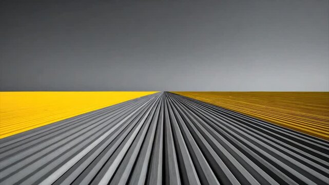 Geometric abstract of a road flanked by yellow and gray textured fields. Gray sky above