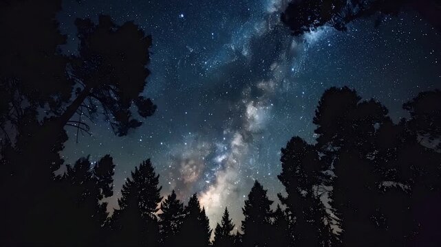 Night sky view through dark tree silhouettes, showcasing Milky Way, stars, and clouds