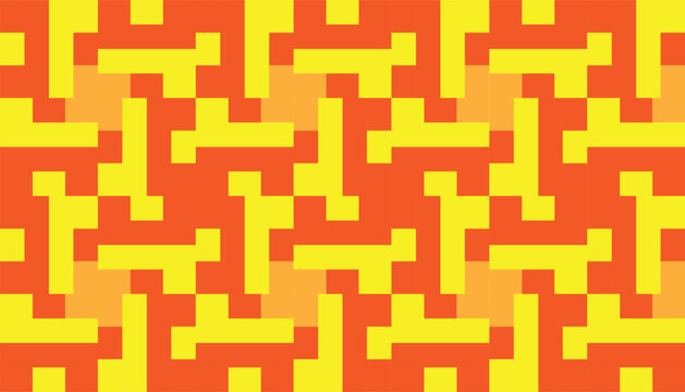 Seamless pixel art geometric pattern with yellow and orange interlocking blocks.