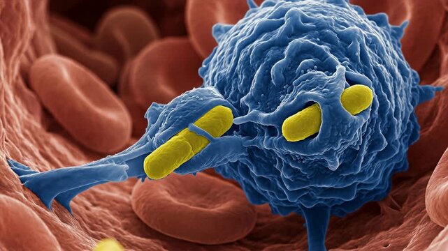 Microscopic view of a blue pathogen interacting with red blood cells.