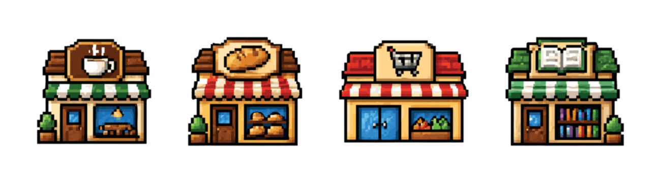 Pixel art collection of four different small shops and storefronts