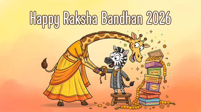 Funny cartoon giraffe sister tying rakhi on zebra brother with mithai sweet stack festival scene