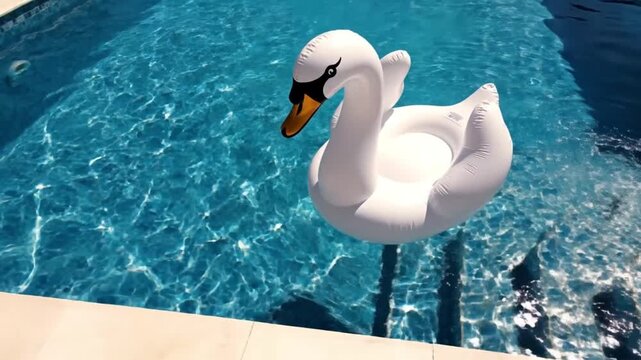 White Swan Inflatable Float Drifting in Bright Blue Swimming Pool