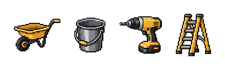 Fototapeta premium Pixel art construction tools including a wheelbarrow, ladder, bucket, and drill