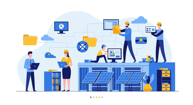 People working on computers and servers for enterprise storage in a cloud archieve