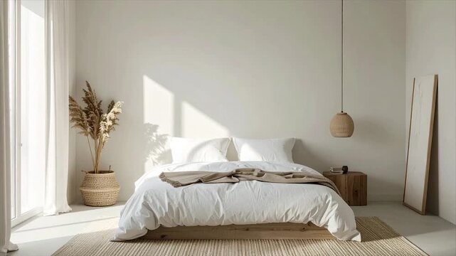 Serene bedroom with natural light, bed, decor, and neutral tones