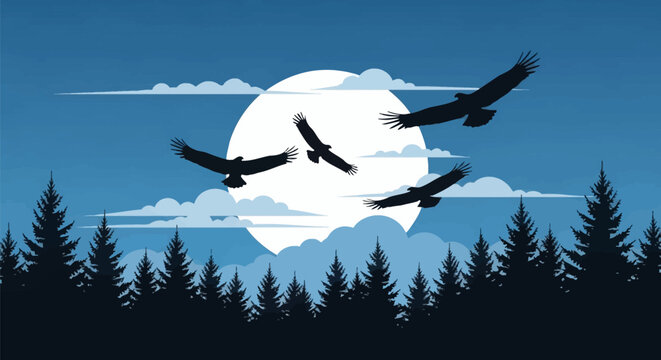 Silhouette of four eagles soaring across a large white full moon over a dense pine forest at night with stylized blue clouds and a horizontal landscape composition.