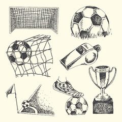 Collage of soccer game elements hand-drawn sketch style includes ball net goal whistle trophy with line art football elements collection illustration competition recreation athletic equipment © bbilfunk