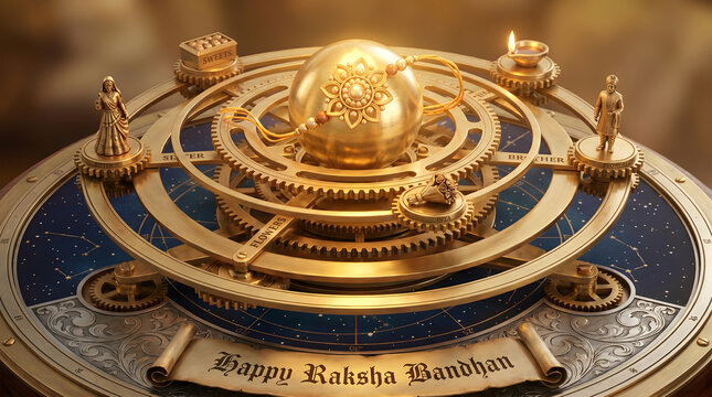 Golden steampunk orrery with rakhi at center and miniature figurine on celestial navigation table