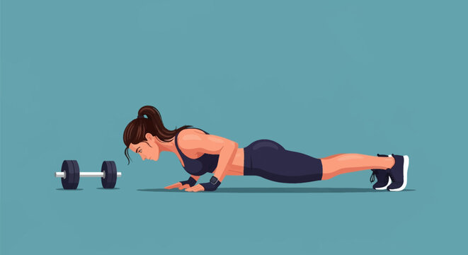 Vector illustration of a fit athletic woman with brown hair in a ponytail performing a push-up exercise wearing a sports bra and shorts next to a dumbbell on a blue background.