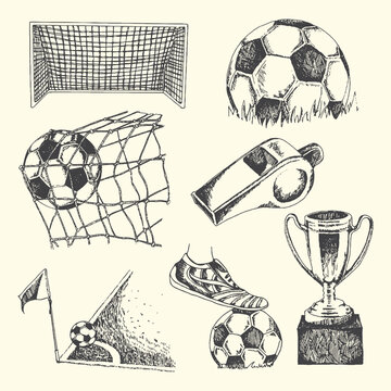 Collage of soccer game elements hand-drawn sketch style includes ball net goal whistle trophy with line art football elements collection illustration competition recreation athletic equipment