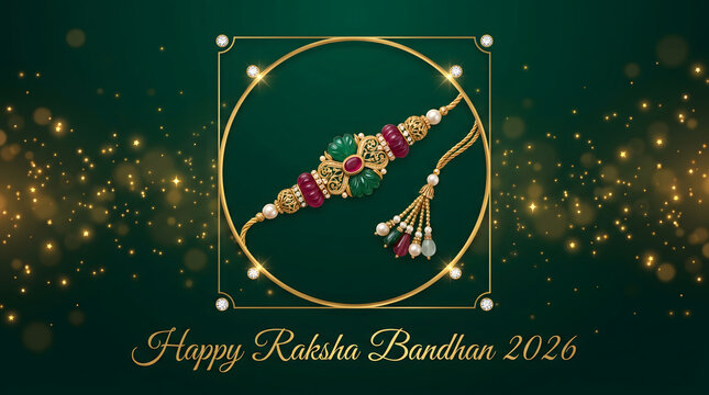 Happy raksha bandhan 2026 greeting with ornate gemstone rakhi on green glitter background