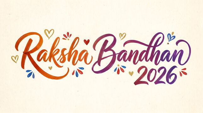 Raksha bandhan 2026 colorful script lettering with heart and flower decoration on cream background