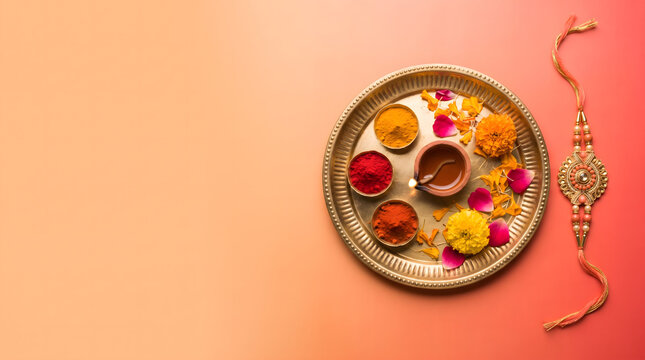 Raksha bandhan golden thali with rakhi spice powder flower and diya on peach background