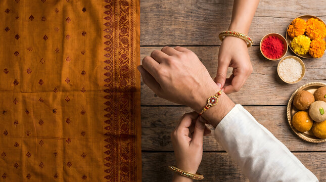 Sister tying decorative rakhi on brother wrist near pooja thali on wooden surface