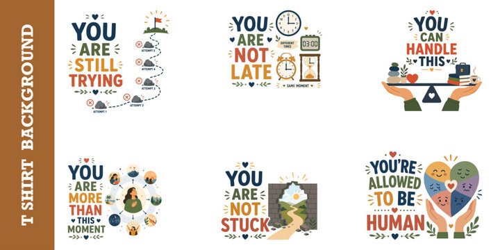 Positive mental health quotes for self care and motivation set in flat vector illustration.