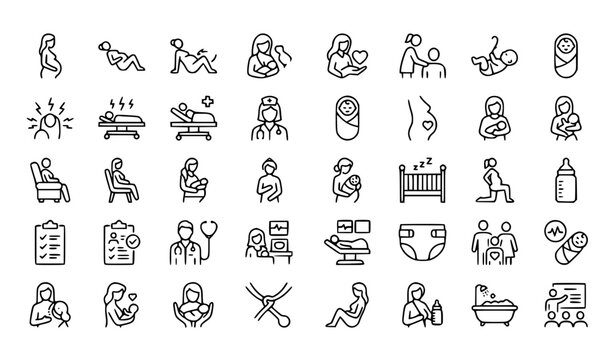 Childbirth line 30 icon set with breastfeeding postpartum doula and editable stroke vector collection