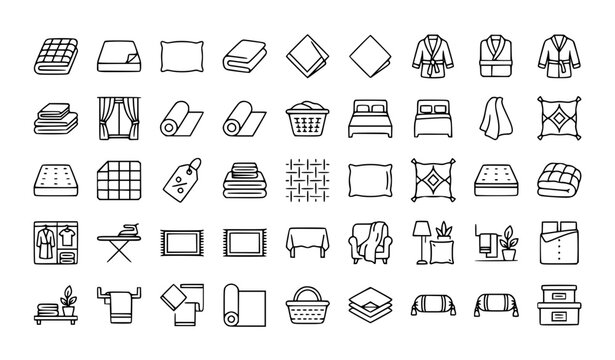 Linen flat line 31 icon set with blanket pillow towel and editable stroke vector collection