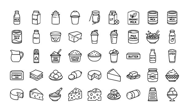 Dairy products line 39 icon set with cheese yogurt kefir and editable stroke vector collection
