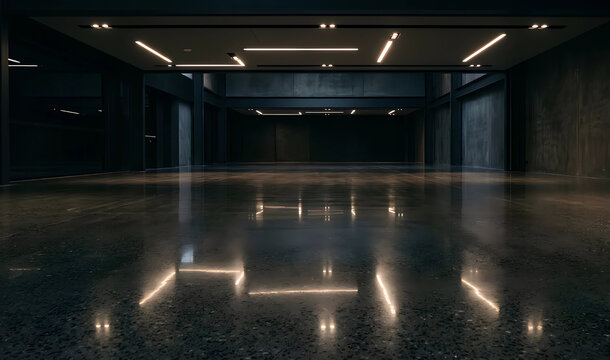 Luxury modern empty garage with polished floor and cinem&aacute;tic lighting.