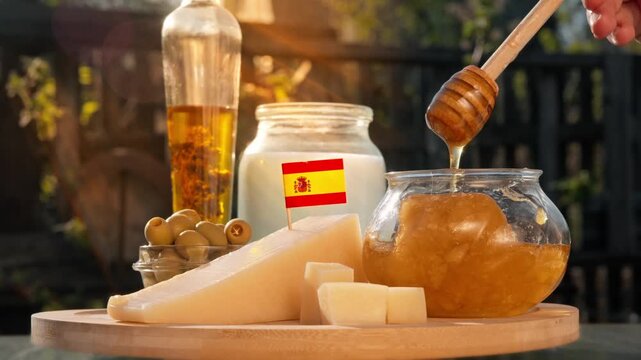 Traditional Spanish farm produce, including cheese, honey, and dairy goods, is presented in soft natural light with a warm homely feeling.