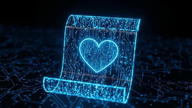 Digital Scroll Of Love With Heart Symbol Glowing Blue On Circuit Board In Dark Setting Technology Romance For Valentines Day Tech-related Marketing
